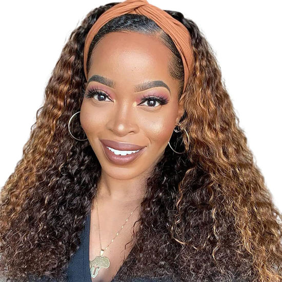 Picture of XSY Headband Wig Ombre Highlight 12 Inch Curly Headband Wig Human Hair Wigs for Black Women None Lace Front Wigs 150% Density 4/27 Highglight Wig