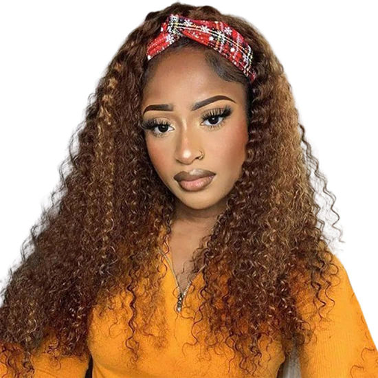 Picture of XSY Highlight Ombre Headband Wig Deep Wave Human Hair Wigs for Black Women None Lace Front Curly Human Hair Half Wigs 150% Density #4/27 Glueless wig 10 Inch