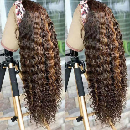 Picture of XSY Headband Wig Human Hair Highlight Ombre Deep Wave Human Hair Wigs for Black Women #4/27 Glueless None Lace Front Brazilian Deep Wave Headband Wig Human Hair 28 Inch