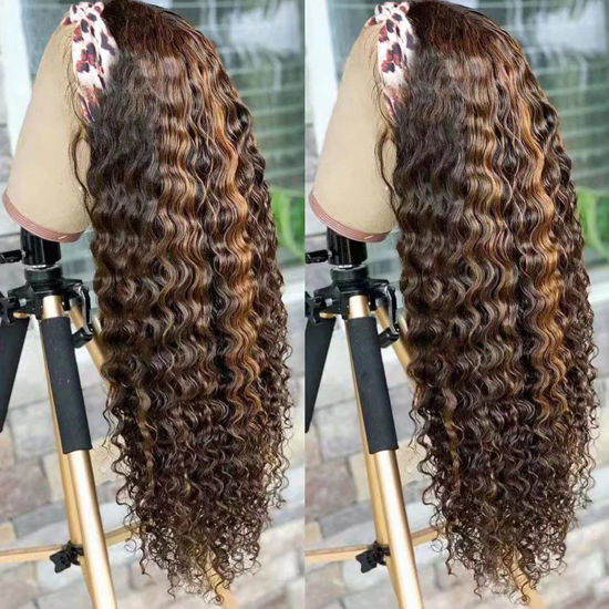 Picture of XSY Headband Wig Human Hair Highlight Ombre Deep Wave Human Hair Wigs for Black Women #4/27 Glueless None Lace Front Brazilian Deep Wave Headband Wig Human Hair 28 Inch
