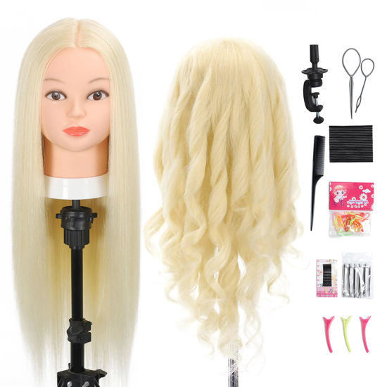 Picture of Opini Mannequin Head with Real Human Hair 80% 26 Inch Hair Mannequins to Practice on Doll Heads for Hair Styling with Clamp and Tools Cosmetology Mannequin Head（ #613 Blond）