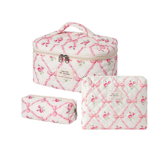 Picture of uekeboag 3Pcs Large Travel Quilted Makeup Bag for Women, Floral Cotton Cosmetic Bag, Coquette Aesthetic Floral Toiletry Organizer Bag(3Pcs PinkBow