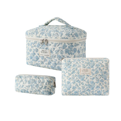 Picture of uekeboag 3Pcs Large Travel Quilted Makeup Bag for Women, Floral Cotton Cosmetic Bag, Coquette Aesthetic Floral Toiletry Organizer Bag(3Pcs LightBlue