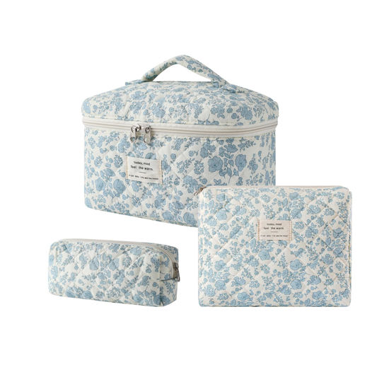 Picture of uekeboag 3Pcs Large Travel Quilted Makeup Bag for Women, Floral Cotton Cosmetic Bag, Coquette Aesthetic Floral Toiletry Organizer Bag(3Pcs LightBlue