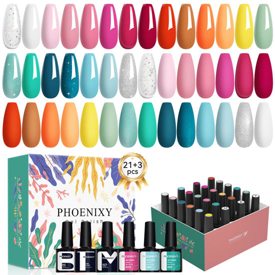 Picture of PHOENIXY 24 PCS Gel Nail Polish Set, 21 Colors Soak Off Gel Nail Kit Nude Pink Red Blue Green Yellow Orange Nail Polish Set with Base Gloss Matte Top Coat Nail Kit Gifts for Women
