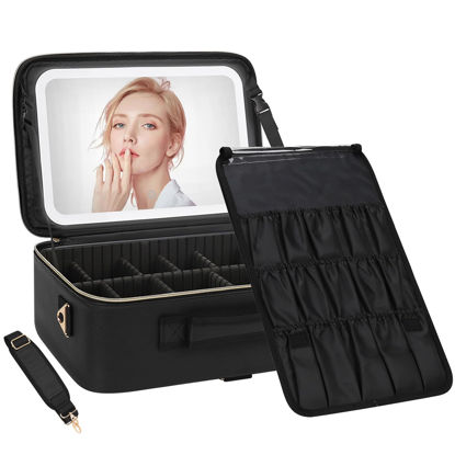 Picture of Chomeiu Makeup Bag with LED Mirror, Large Train Case for Makeup Artists, 16.2 inches Travel Professional Cosmetic Organizer with Light Up Mirror, 3 Color Lights, Brush Holder & Shoulder Strap (Black)