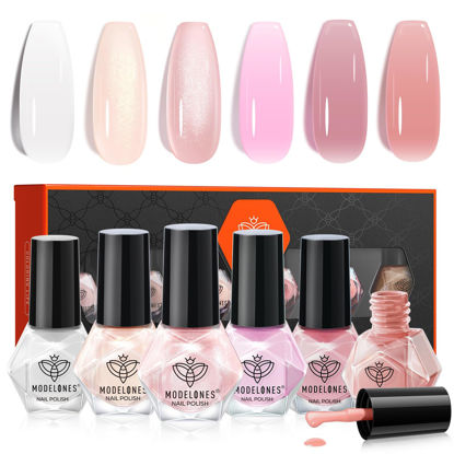 Picture of modelones Jelly Nail Polish Set 6 Colors, Milky White Pink Sheer Nude Quick Dry Mini Nail Lacquer Kit, Translucent Clear Transparent Peach Shimmer Manicure DIY Nail Art Spring Gift for Women Girls
