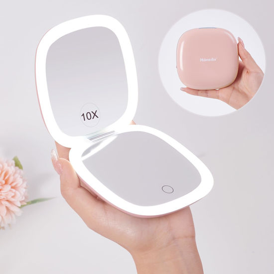 Picture of Mocado Compact LED Travel Makeup Mirror - 4 Inches 1X/10X Magnification Travel Mirror with Light Dimmable Double Sides Lighted USB Rechargeable Compact Mirror for Purse,Pocket,Travel(Pink)