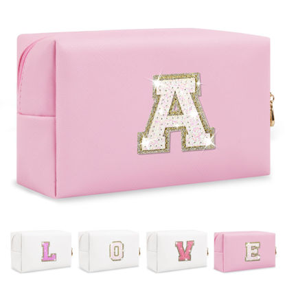 Picture of Small Personalized Initial A-Z Patch Makeup Bag,Pink Cute PU Leather Glitter Letter Cosmetic Bag for Teen Girls,Travel Toiletry Bag with Zipper,Preppy Monogrammed Birthday Gift for Daughter Niece A