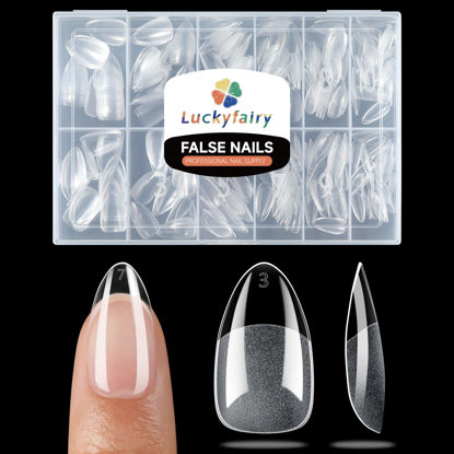 Picture of Luckyfairy Short Almond Fake Nails, 360pcs Soft Gel x Pre-Shaped Acrylic Nail Tips, Half Matte Full Cover Clear Gelly Press on Flase Nail Tips for Extension Nail Manicure Home DIY 12 Sizes Gelly Tips