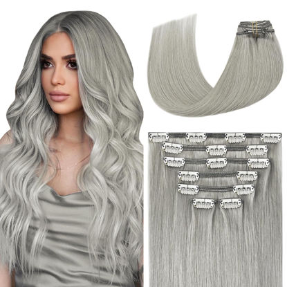 Picture of Aison Silver Clip in Hair Extensions Real Human Hair 70G Grey Remy Human Hair Clip in Extensions 12 Inch Soft Silky Straight for Full Head 7pcs 16clips One Pack (12 Inch #Silky/Grey)