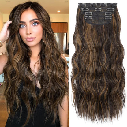 Picture of KooKaStyle Clip in Long Wavy Synthetic Hair Extension 20 Inch 4PCS Balayage Dark Brown to Chestnut Hairpieces Fiber Thick Double Weft Hair Extension for Women