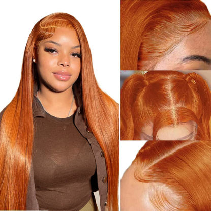 Picture of Ginger Orange Lace Front Wigs Human Hair Colored Straight Lace Front Wig 13x4 Hd Frontal Wigs Human Hair Pre Plucked With Baby Hair Ginger Wig Human Hair Lace Front Wigs for Women 150% Density 26Inch
