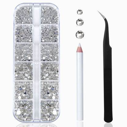 Picture of Nail Art Rhinestones Kit HUETFAT 2400pcs Nail Gems Crystal Clear Flatback Rhinestones Gems Stones, with Storage Organizer Box/Wax Pencil/Tweezers 6 Sizes (1.9-4.5 mm) for Nail Art Craft