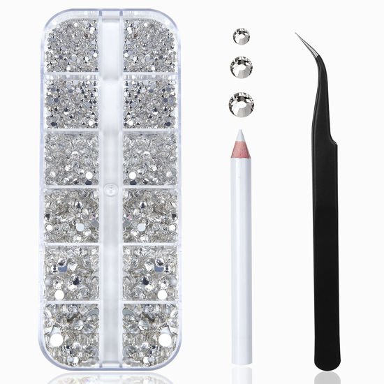 Picture of Nail Art Rhinestones Kit HUETFAT 2400pcs Nail Gems Crystal Clear Flatback Rhinestones Gems Stones, with Storage Organizer Box/Wax Pencil/Tweezers 6 Sizes (1.9-4.5 mm) for Nail Art Craft