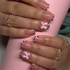 Picture of 24Pcs Leopard French Tip Press on Nails Short Square Fake Nails Pink Glossy Bow Designs Full Cover Nude Glue on Nails Cute False Nails Stick on Nails for Women Girls Medium Manicure Decorations