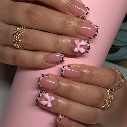 Picture of 24Pcs Leopard French Tip Press on Nails Short Square Fake Nails Pink Glossy Bow Designs Full Cover Nude Glue on Nails Cute False Nails Stick on Nails for Women Girls Medium Manicure Decorations