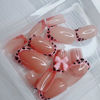 Picture of 24Pcs Leopard French Tip Press on Nails Short Square Fake Nails Pink Glossy Bow Designs Full Cover Nude Glue on Nails Cute False Nails Stick on Nails for Women Girls Medium Manicure Decorations