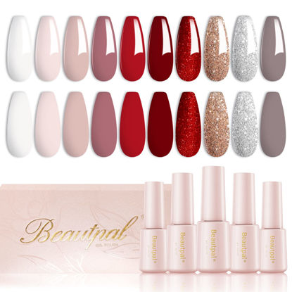 Picture of Larvall Beautpal Red Gel Nail Polish Set 10PCS Nude Red Sparkle Burgundy White Nude Champagne Sliver Gel Polish kit Soak Off Nail Art Design Manicure Gifts For Women Girls 7ml