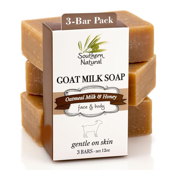 Picture of Southern Natural Goat Milk Soap Bar - Oatmeal Milk & Honey 3 Pack - For Dry Sensitive Skin. Natural, Handmade Soap For Men, Women, Kids, Face & Body