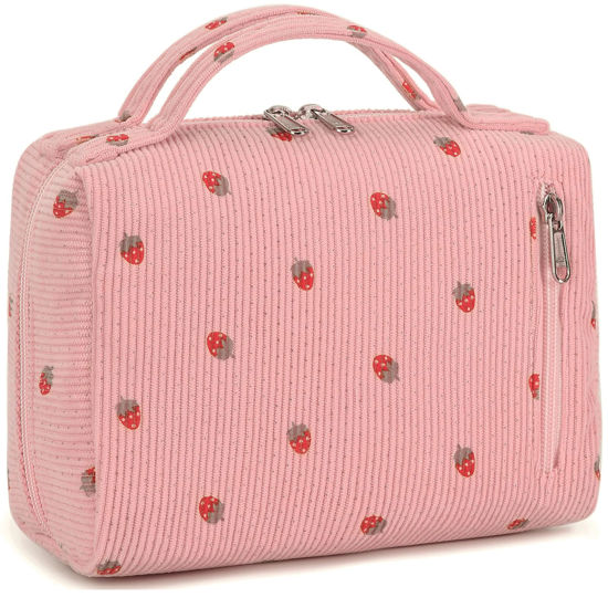 Picture of Bluboon Makeup Bag Zipper Pouch Travel Portable Cosmetic Bag Organizer for Women and Girls(Corduroy Pink Strawberry)