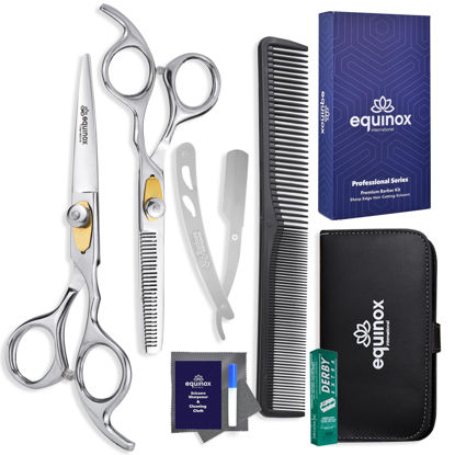 Picture of Equinox Professional Hair Scissors Set - Premium Barber Kit, Includes Hair Cutting Scissors, Thinning Shears, Straight Razor, Basic Comb, Cleaning Cloth, Oil & Sandpaper - Hair Salon & Barber Supplies