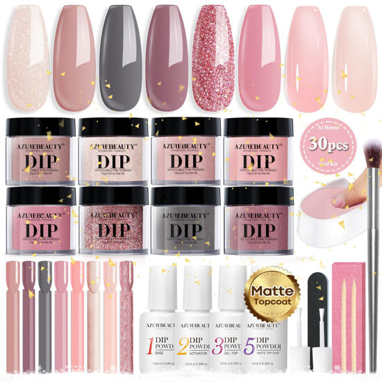 Picture of AZUREBEAUTY 30Pcs Dip Powder Nail Kit Starter with Nail Sticks, Translucent Jelly Nude Pink Gary 8 Colors Dipping Liquid Set Added Matte Top Coat Recycling Tray for Manicure Salon DIY Home