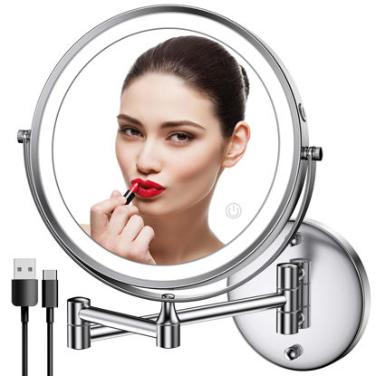 Picture of Rocollos Rechargeable Wall Mounted Lighted Makeup Mirror, 8 Inch Double-Sided LED Vanity Mirror 1X/7X Magnification,3 Color Lights Touch Screen Dimmable 360°Swivel 13 Inch Extendable