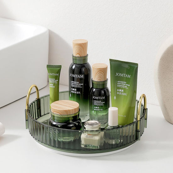 Picture of Rotating Makeup Organizer for Vanity, Large Skincare Make Up Organizers for Bathroom Counter, Clear Makeup Perfume Dresser Organizer, Cosmetic Storage Display Case Holder 360 Spinning(1 Tier, Green)