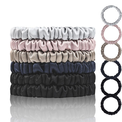 Picture of SEMRUE Mulberry Silk Scrunchies for Hair Sleep, Small Hair Ties for Women - 6 Pack (Black*2, Navy*1, Lotus Pink*1, Silver Gray*1, Apricot*1)
