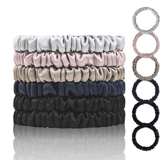 Picture of SEMRUE Mulberry Silk Scrunchies for Hair Sleep, Small Hair Ties for Women - 6 Pack (Black*2, Navy*1, Lotus Pink*1, Silver Gray*1, Apricot*1)