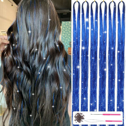 Picture of MISSUHUI Hair Tinsel Kit with Tools 47Inch 1200 Strands Fairy Hair Tinsel Heat Resistant Glitter Tinsel Hair Extensions Sparkling Shiny Hair Tinsel Strands Kit for Women Girls 6Pcs (Sapphire Blue)