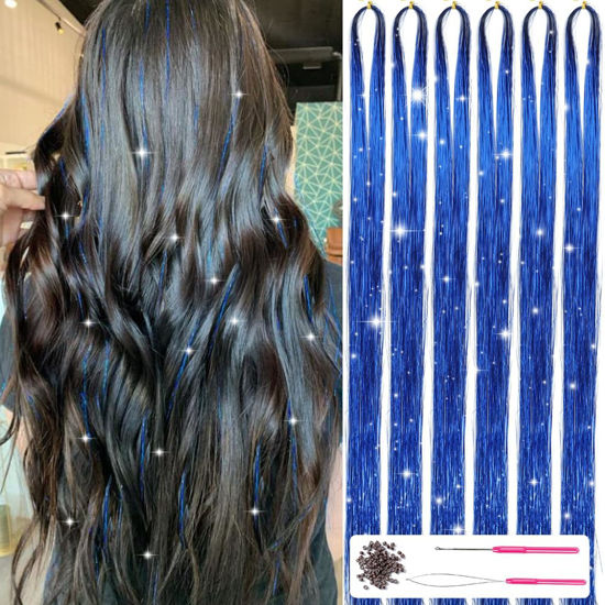 Picture of MISSUHUI Hair Tinsel Kit with Tools 47Inch 1200 Strands Fairy Hair Tinsel Heat Resistant Glitter Tinsel Hair Extensions Sparkling Shiny Hair Tinsel Strands Kit for Women Girls 6Pcs (Sapphire Blue)
