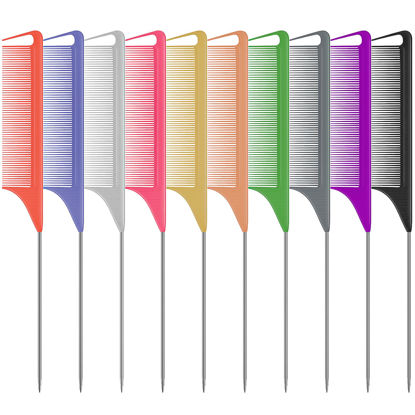 Picture of 10 PCS Rat Tail Combs Set - Hair Teasing Fine Tooth Comb for Women Girls, Parting Comb for Braiding Hair Styling Tools & Appliances with Stainless Steel Pintail Carbon Fiber Heat Resistant