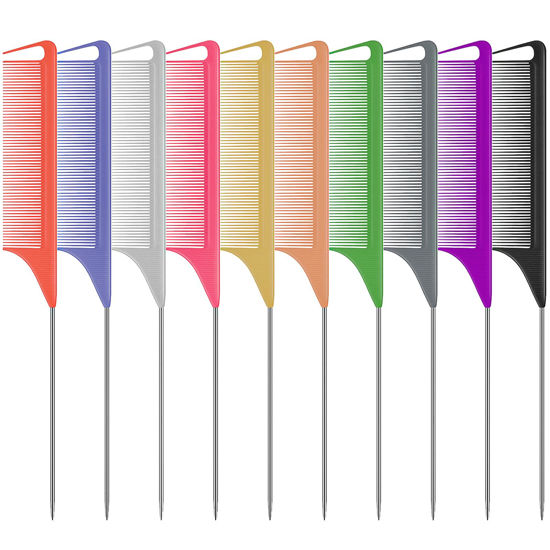 Picture of 10 PCS Rat Tail Combs Set - Hair Teasing Fine Tooth Comb for Women Girls, Parting Comb for Braiding Hair Styling Tools & Appliances with Stainless Steel Pintail Carbon Fiber Heat Resistant