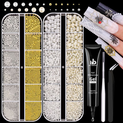 Picture of 2 Boxes Flatback Pearls (White+Beige) and Metal Nail Beads (Silver+Gold) with Rhinestones Glue Gel for Nail Art, Pearl Nail Charms and Round Caviar Beads for Acrylic Nail Tips Manicure Decor