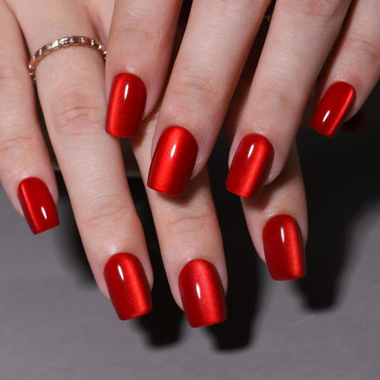 Picture of SHANGMENG Red Cat Eye Press on Nails Square - Soft Gel Valentines Press on Nails Short for Women Gift, Fit Perfectly & Natural Stick on Nails with Glue in 16 Sizes - 32 Reusable Fake Nails, Bright Red