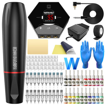 Picture of Wormhole Tattoo Machine Kit Rotary with Power Supply 20 Cartridge Needles 20 Tattoo Ink 40 Tattoo Ink Caps Complete Tattoo Pen Kit for Beginners Tattoo Artists WTK105