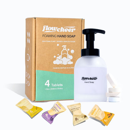 Picture of flowcheer Foaming Hand Soap Refill Tablets - Glass Foaming Soap Dispenser Combo - Frosted Real Glass Bottle 11 oz - 4 Refill Tablet Included Start Kit - Soap Pump for Bathroom Kitchen Countertop