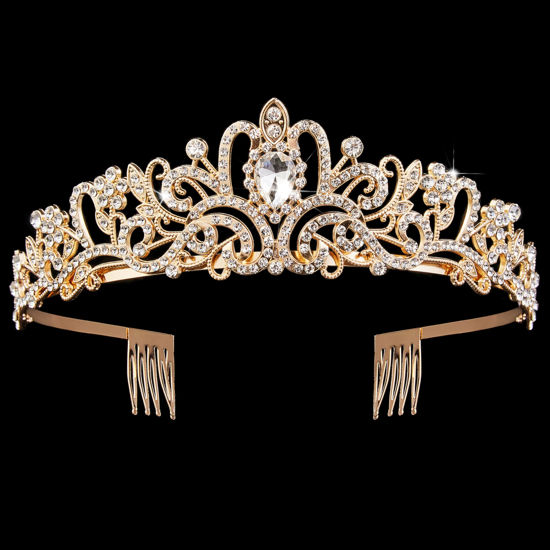 Picture of Gold Crown for Women Crystal Princess Tiaras Rhinestone Queen Crowns Wedding Bridal Hair Accessories Birthday Prom Pageant Party Coming of Age Ceremony Photo Props (Gold1)