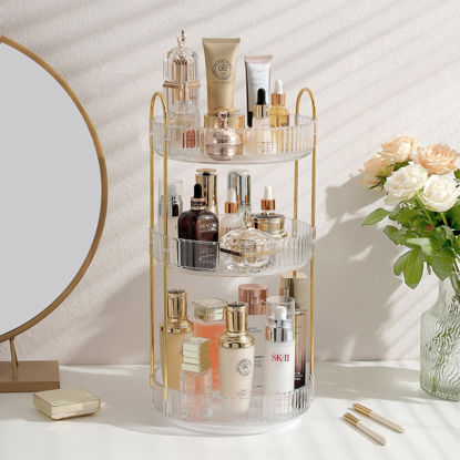 Picture of Aveniee Rotating Makeup Organizer for Vanity, Large Perfume Skincare Make Up Storage Organizers for Bathroom Counter, Clear Spinning Cosmetic Lipstick Toiletry Holder (3 Tiers, White)