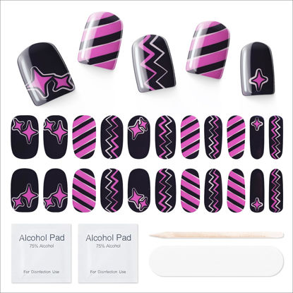 Picture of MOOYIYAN Semi Cured Gel Nail Strips|Uv Free Nail Stickers|22 Pcs Gel Nail Wraps|Long-Lasting Two Weeks and Easy to Apply&Remove|with 2 Prep Pad,1 Nail File&1 Wooden Stick,Black Purple Pop