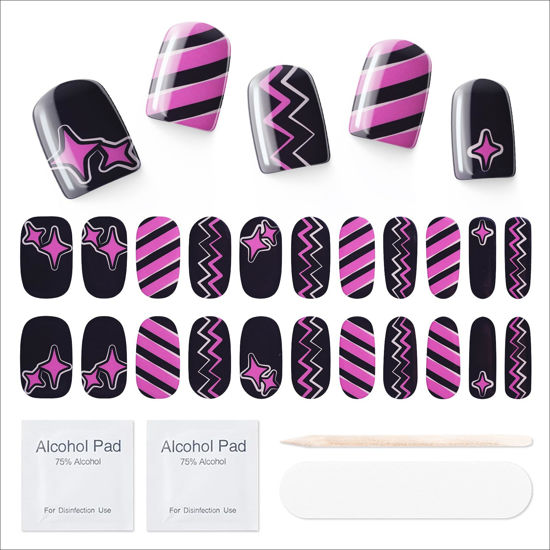 Picture of MOOYIYAN Semi Cured Gel Nail Strips|Uv Free Nail Stickers|22 Pcs Gel Nail Wraps|Long-Lasting Two Weeks and Easy to Apply&Remove|with 2 Prep Pad,1 Nail File&1 Wooden Stick,Black Purple Pop