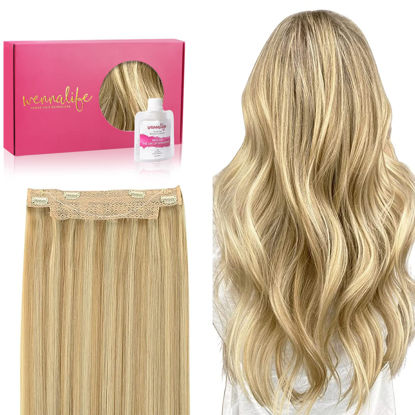Picture of WENNALIFE Wire Hair Extensions (Increase 50% Lifespan) Real Human Hair 20 inch 110g Light Blonde Highlighted Golden Blonde Remy Hair Extensions Invisible Transparent Wire Fish Line Hair Extensions
