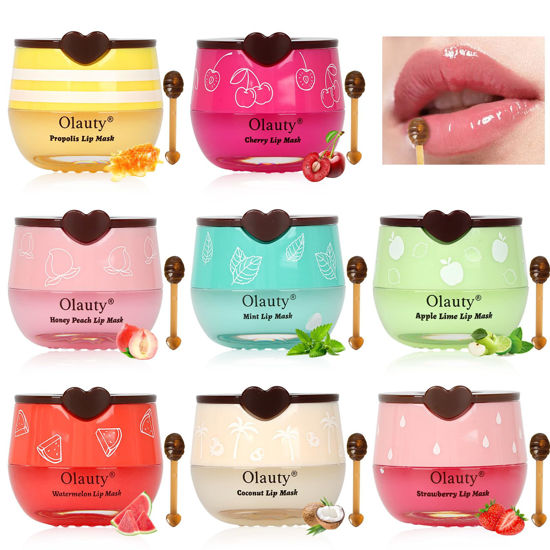 Picture of 8 PCS Bee Lip Balm Lip Mask Honey Pot, Propolis Lip Mask Overnight Moisturizing Lip Balm with Stick, Sleeping Lip Mask Hydrating Prevention Dry & Cracked,Reduce Lip Lines Lip Scrubs Exfoliato Lip Care