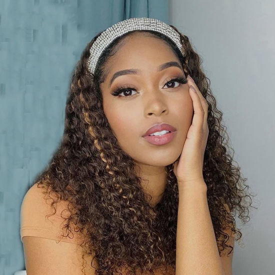 Picture of XSY Headband Wig Human Hair 14 Inch Curly Human Hair Wigs Ombre Highlight Headband Wigs for Black Women None Lace Front Wig 150% Density