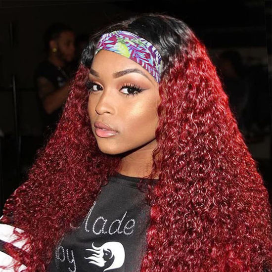 Picture of XSY 1B/99J Burgundy Headband Wigs Human Hair Deep Wave 16 Inch Wig Glueless Headband Wig Deep Wave None Lace Front Wigs Human Hair for Black Women 150% Density Wig Curly red Hair