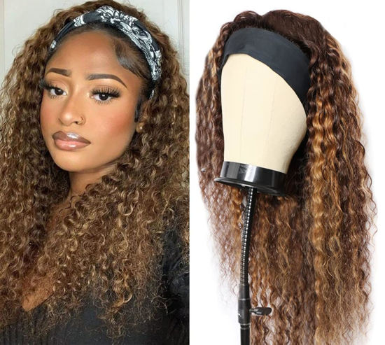 Picture of XSY Headband Wig Human Hair Ombre Highlight Curly Human Hair Wigs 16 Inch Headband Wigs for Black Women None Lace Front Wigs 150% Density 4/27 Highglight Wig