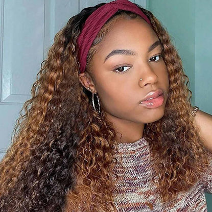Picture of XSY Highlight Ombre Headband Wig Human Hair 18 Inch Deep Wave Human Hair Wigs for Black Women #4/27 Glueless None Lace Front Wigs Brazilian Virgin Curly Headband Wig Human Hair 150% Density