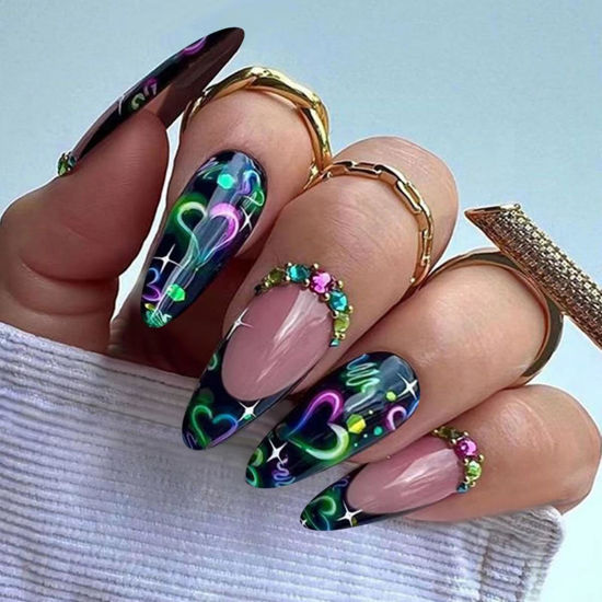 Picture of Colorful Love Press on Nails Dark Black French Tip Fake Nails Medium Almond False Nails with Design Rhinestone Glue on Nails Glossy Acrylic Full Cover Stick on Nails for Women Valentine's Day Manicure